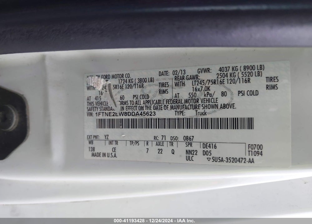 2013 FORD E-250 COMMERCIAL VIN: 1FTNE2EW8DDA45623