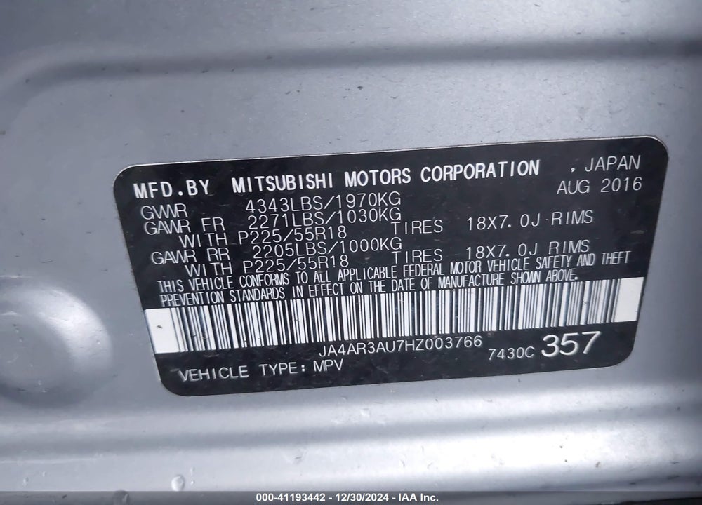 2017 MITSUBISHI OUTLANDER SPORT VIN: JA4AR3AU7HZ003766