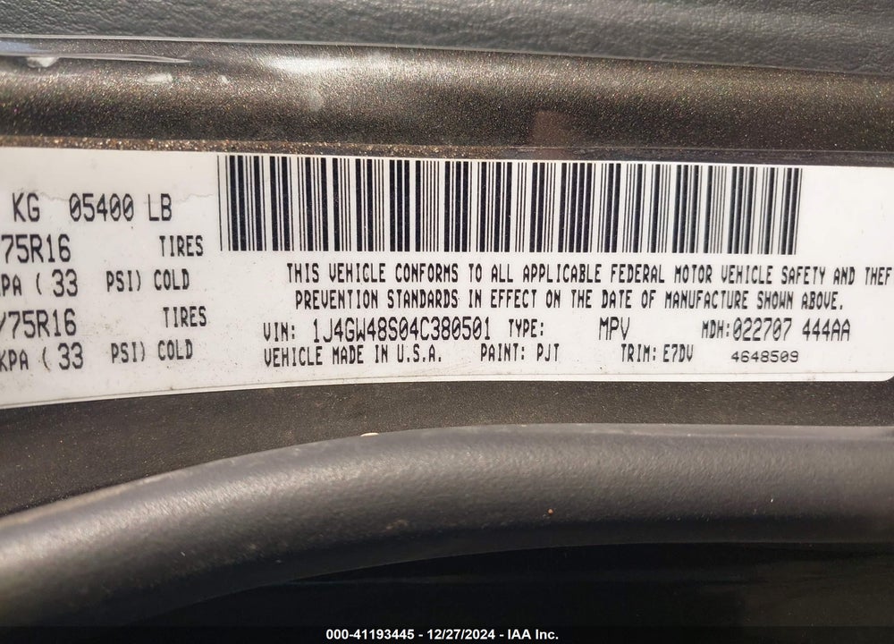 2004 JEEP GRAND CHEROKEE LAREDO VIN: 1J4GW48S04C380501