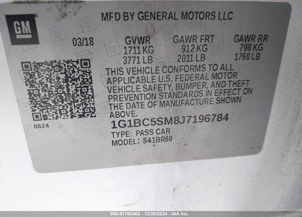 2018 CHEVROLET CRUZE LS AUTO VIN: 1G1BC5SM8J7196784