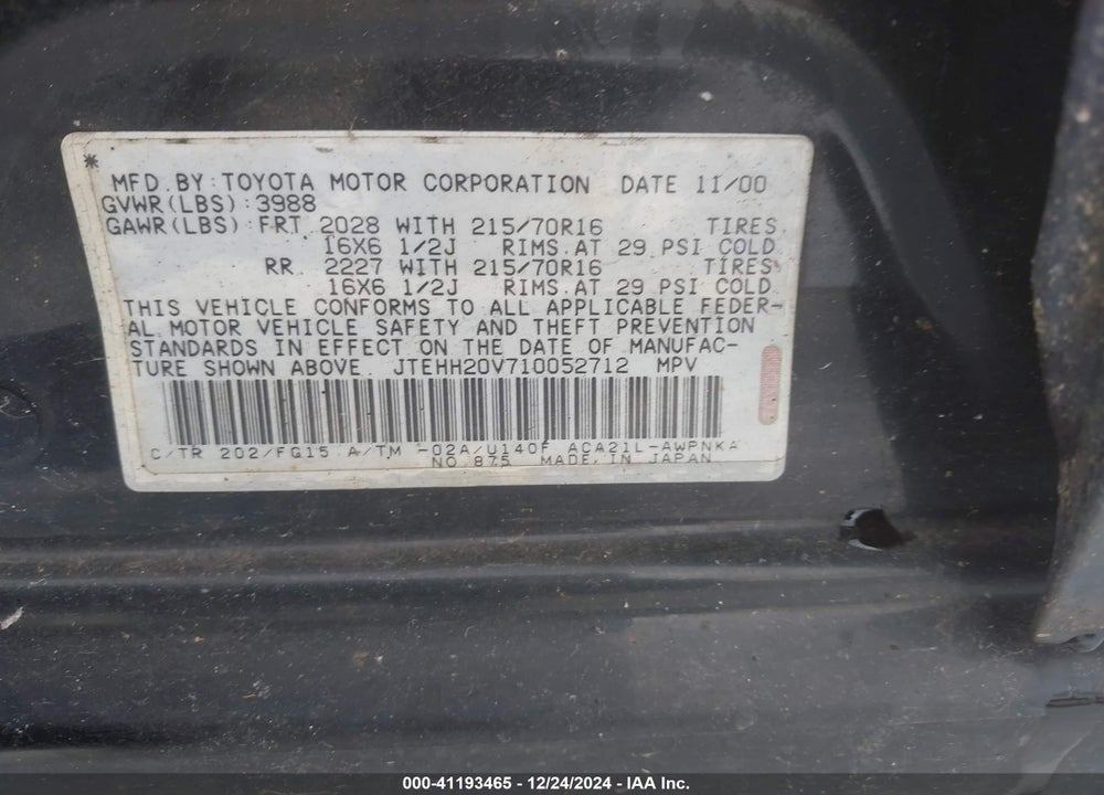 2001 TOYOTA RAV4 VIN: JTEHH20V710052712