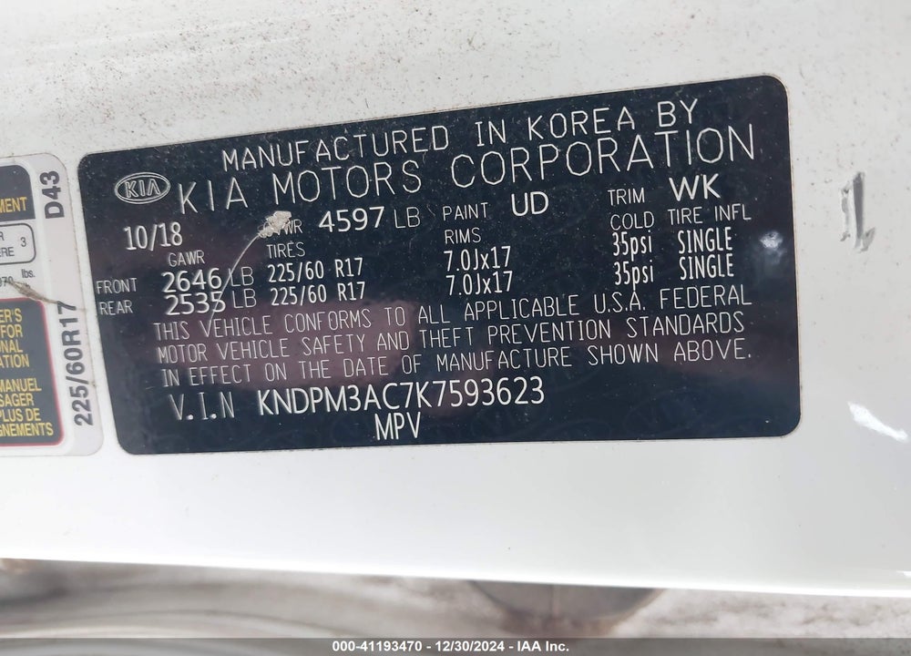 2019 KIA SPORTAGE VIN: KNDPM3AC7K7593623