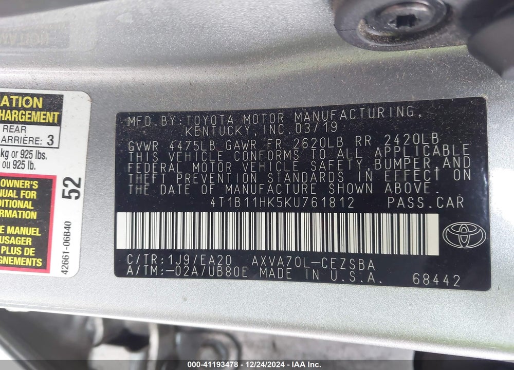 2019 TOYOTA CAMRY VIN: 4T1B11HK5KU761812
