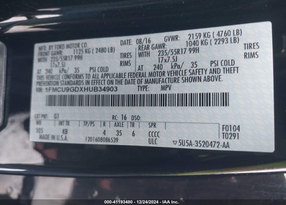 2017 FORD ESCAPE SE VIN: 1FMCU9GDXHUB34903