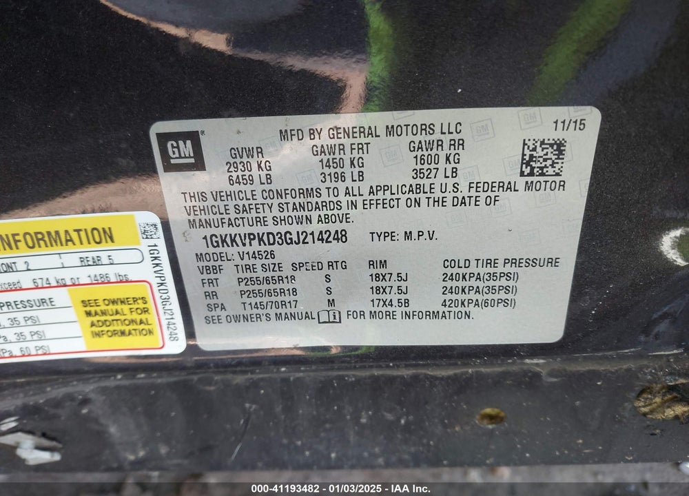 2016 GMC ACADIA SLE-2 VIN: 1GKKVPKD3GJ214248