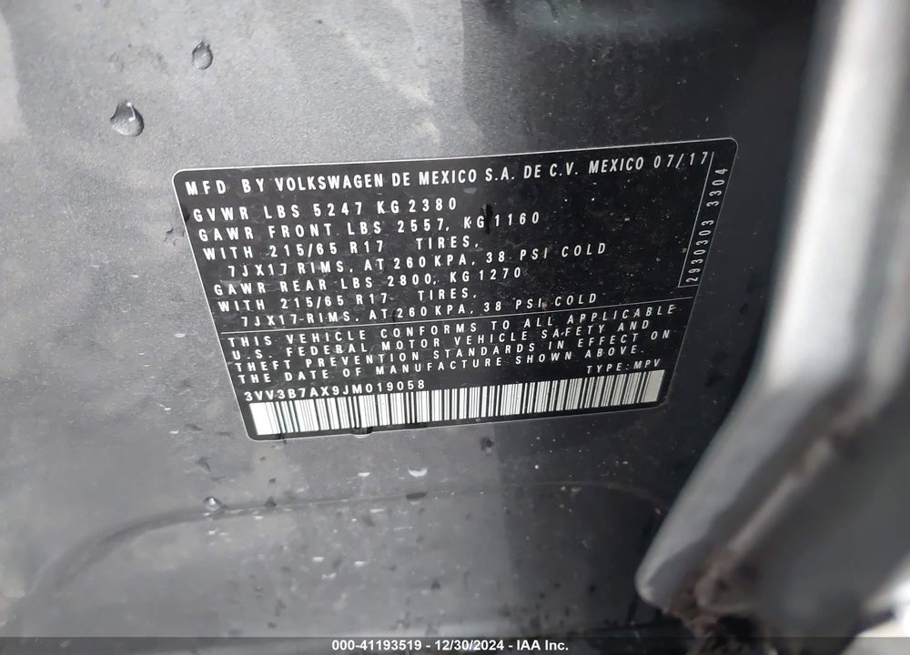 2018 VOLKSWAGEN TIGUAN 2.0T SE/2.0T SEL VIN: 3VV3B7AX9JM019058