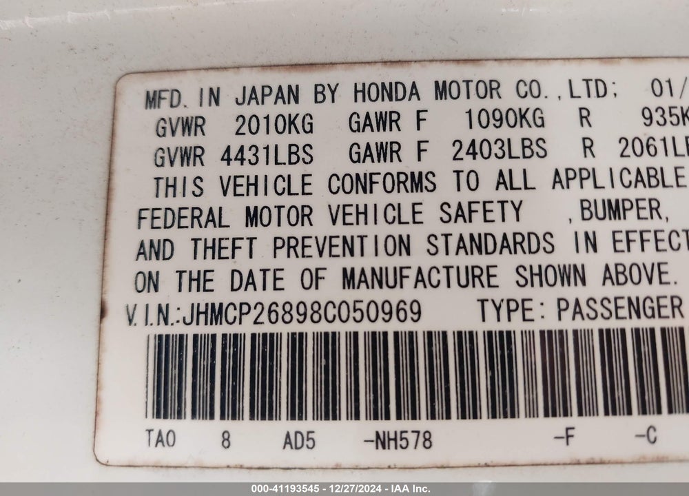 2008 HONDA ACCORD 2.4 EX-L VIN: JHMCP26898C050969