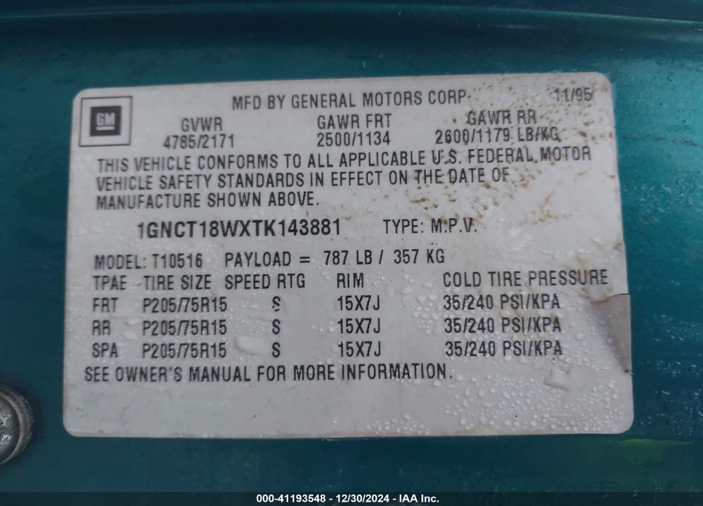 1996 CHEVROLET BLAZER VIN: 1GNCT18WXTK143881