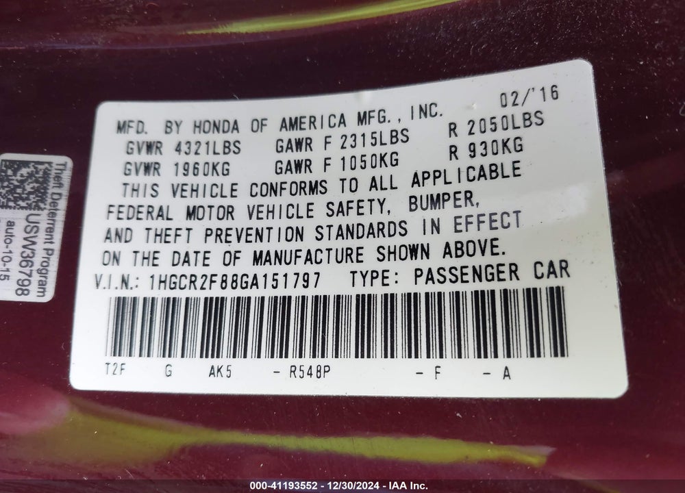 2016 HONDA ACCORD VIN: 1HGCR2F88GA151797