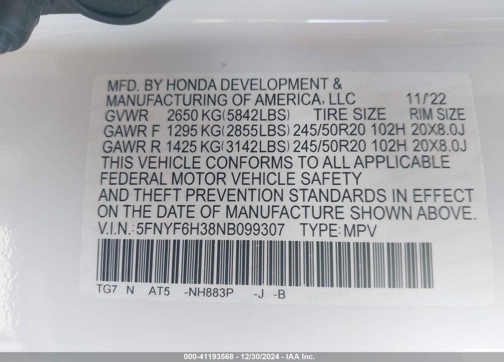 2022 HONDA PILOT VIN: 5FNYF6H38NB099307