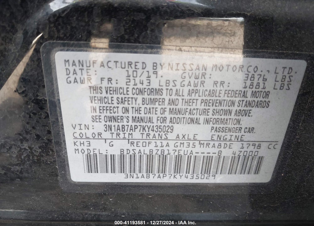 2019 NISSAN SENTRA VIN: 3N1AB7AP7KY435029