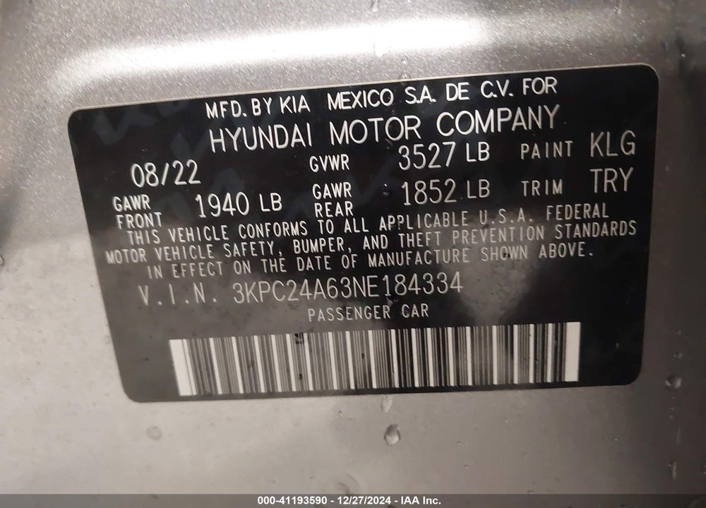 2022 HYUNDAI ACCENT VIN: 3KPC24A63NE184334