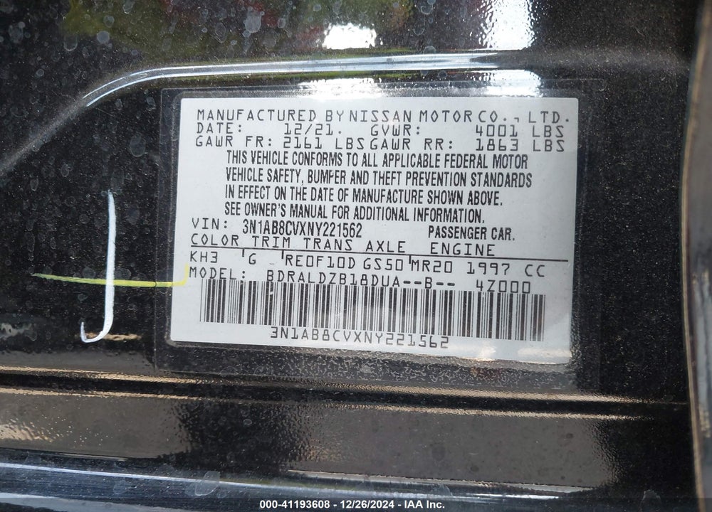 2022 NISSAN SENTRA VIN: 3N1AB8CVXNY221562