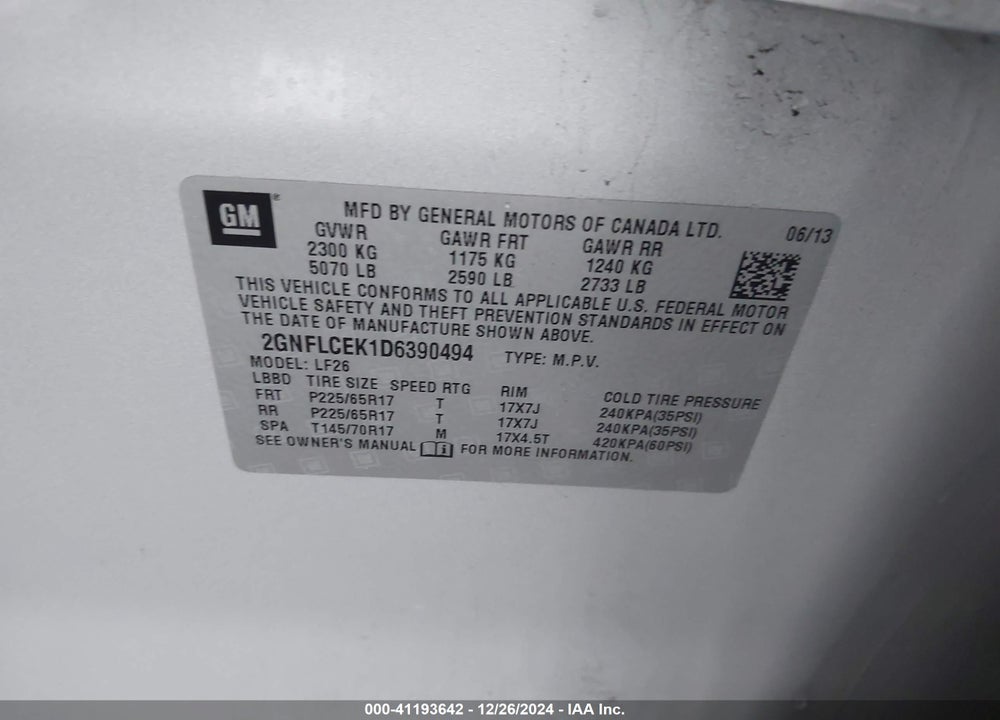 2013 CHEVROLET EQUINOX LS VIN: 2GNFLCEK1D6390494
