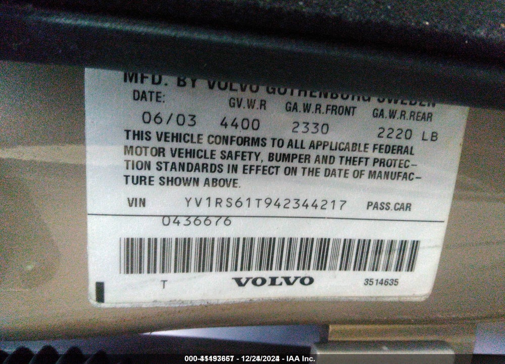 2004 VOLVO S60 2.4 VIN: YV1RS61T942344217