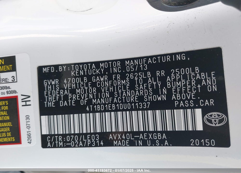 2013 TOYOTA AVALON HYBRID XLE TOURING VIN: 4T1BD1EB1DU011337