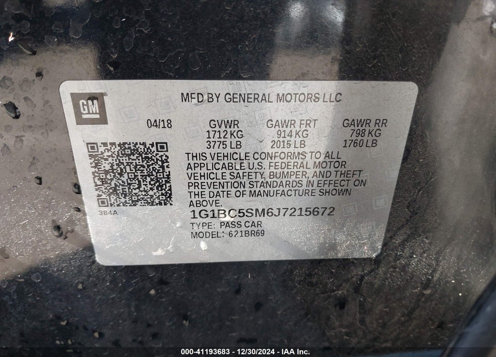2018 CHEVROLET CRUZE LS AUTO VIN: 1G1BC5SM6J7215672