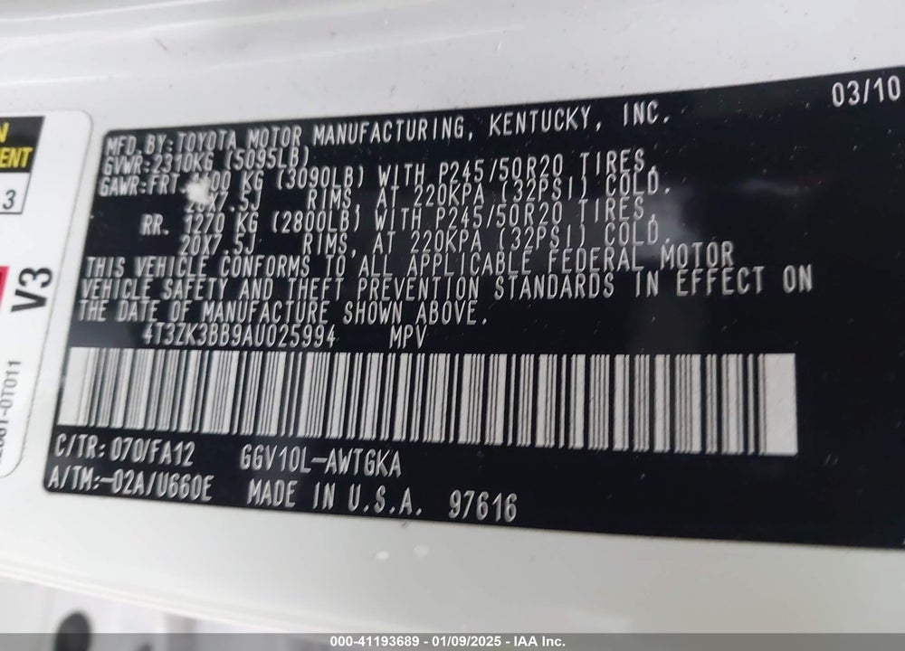 2010 TOYOTA VENZA BASE V6 VIN: 4T3ZK3BB9AU025994