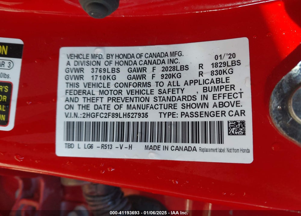 2020 HONDA CIVIC VIN: 2HGFC2F89LH527935