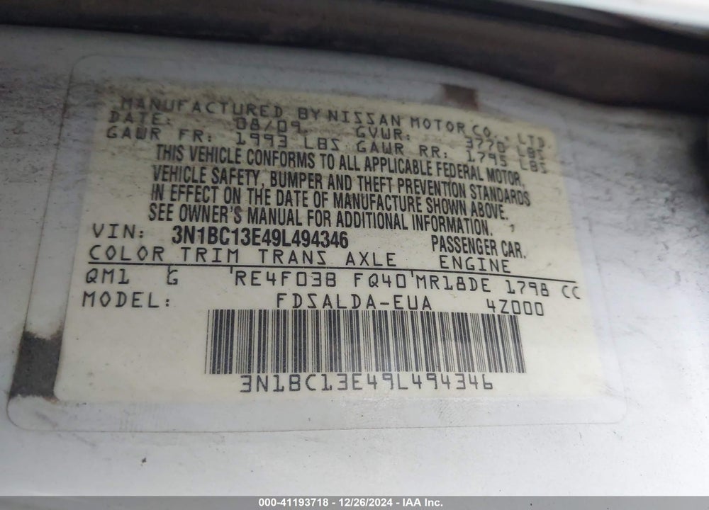 2009 NISSAN VERSA VIN: 3N1BC13E49L494346