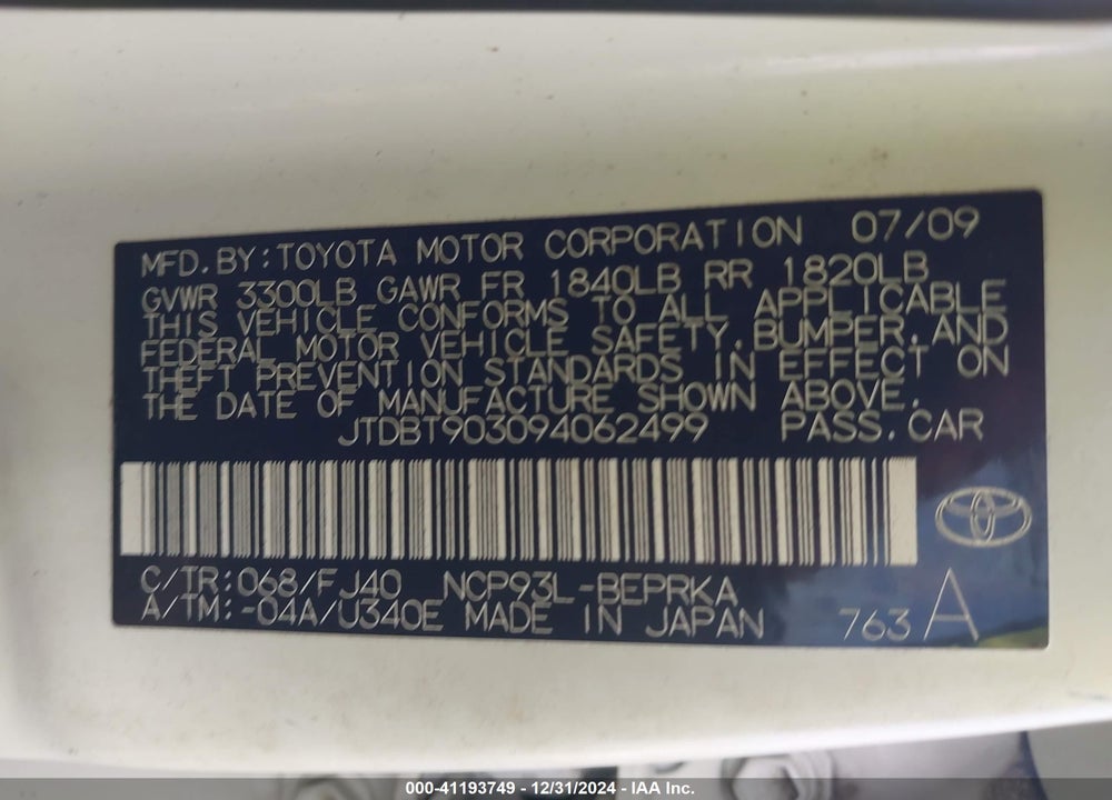 2009 TOYOTA YARIS VIN: JTDBT903094062499