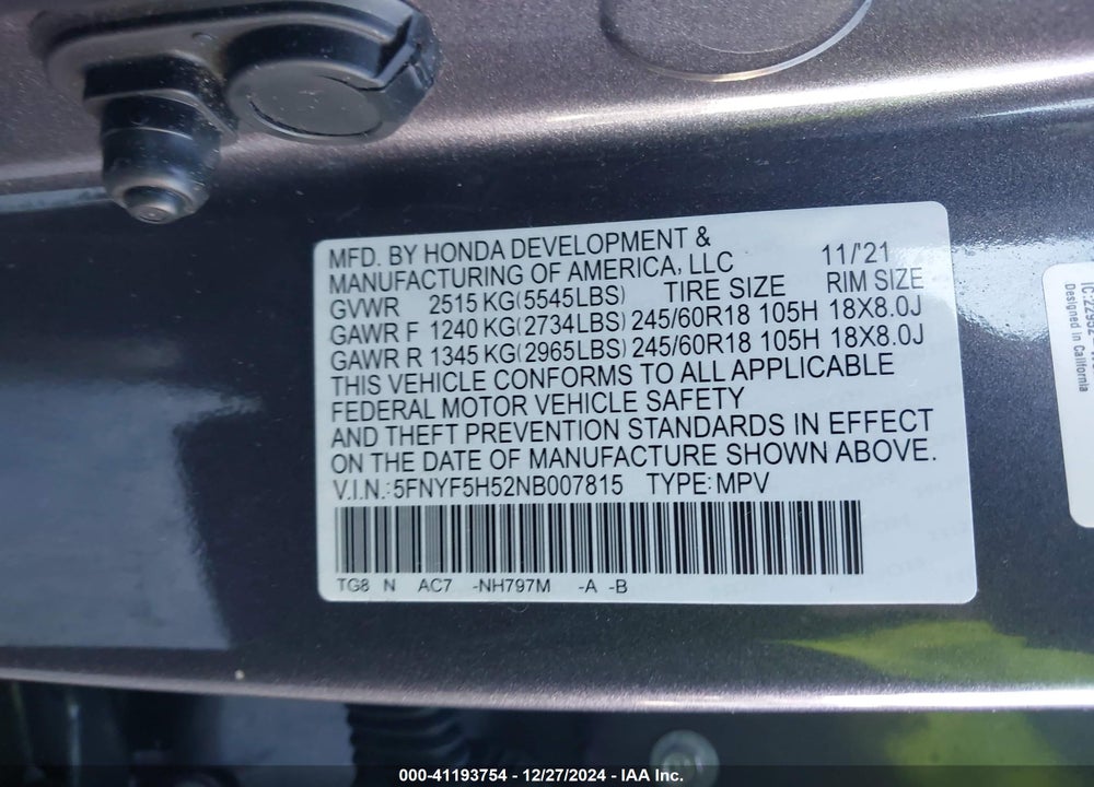 2022 HONDA PILOT 2WD EX-L VIN: 5FNYF5H52NB007815