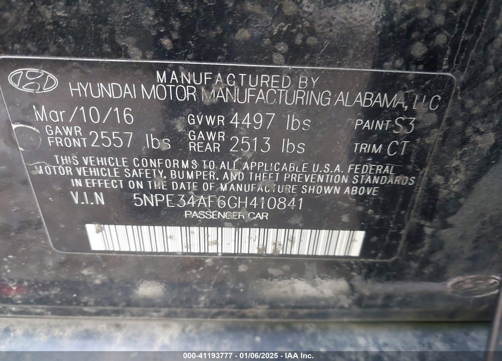 2016 HYUNDAI SONATA LIMITED VIN: 5NPE34AF6GH410841