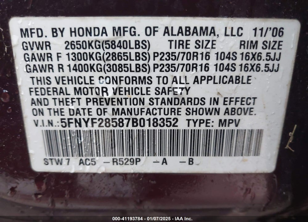 2007 HONDA PILOT EX-L VIN: 5FNYF28587B018352