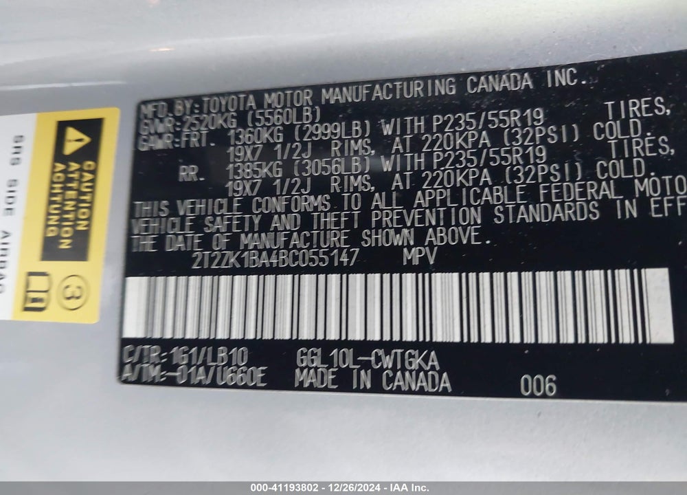 2011 LEXUS RX 350 VIN: 2T2ZK1BA4BC055147