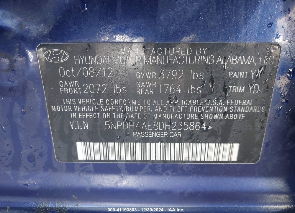 2013 HYUNDAI ELANTRA GLS VIN: 5NPDH4AE8DH235864