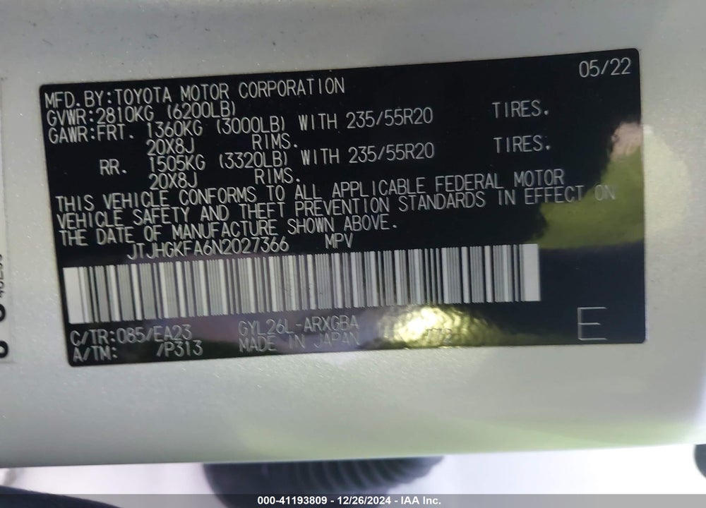 2022 LEXUS RX 450HL VIN: JTJHGKFA6N2027366