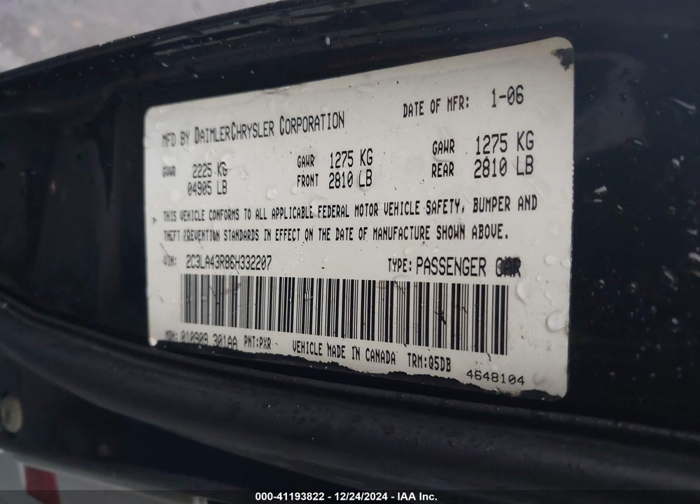 2006 CHRYSLER 300 VIN: 2C3LA43R86H332207