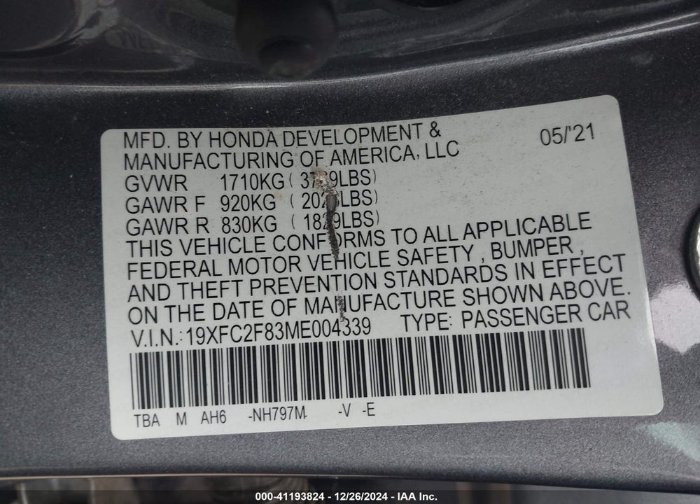 2021 HONDA CIVIC VIN: 19XFC2F83ME004339