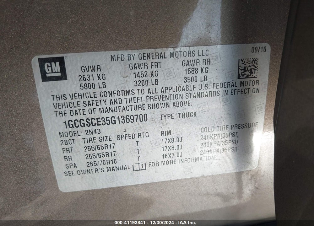 2016 CHEVROLET COLORADO LT VIN: 1GCGSCE35G1369700