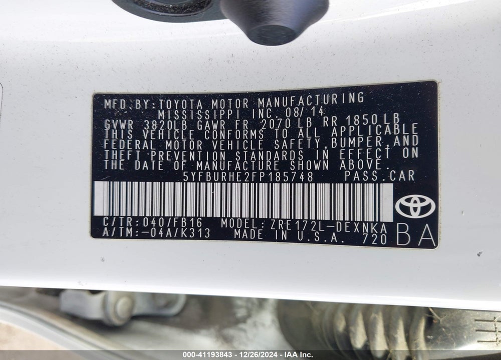 2015 TOYOTA COROLLA VIN: 5YFBURHE2FP185748