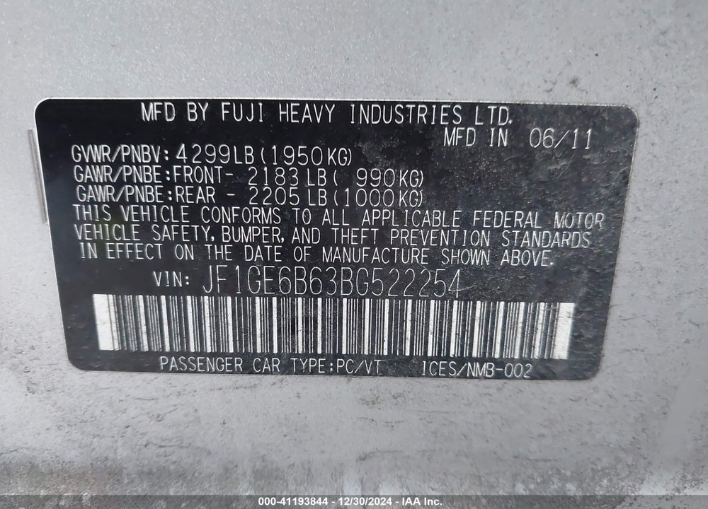 2011 SUBARU IMPREZA 2.5I PREMIUM VIN: JF1GE6B63BG522254