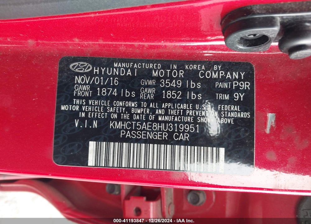 2017 HYUNDAI ACCENT VIN: KMHCT5AE8HU319951