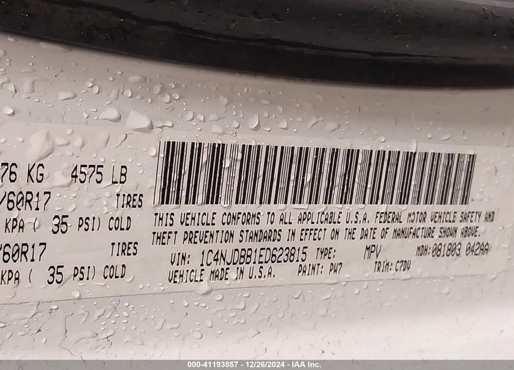 2014 JEEP COMPASS SPORT VIN: 1C4NJDBB1ED623815