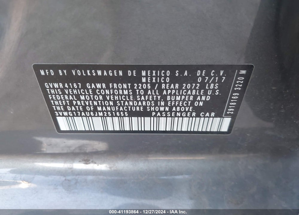 2018 VOLKSWAGEN GOLF VIN: 3VWG17AU6JM251655