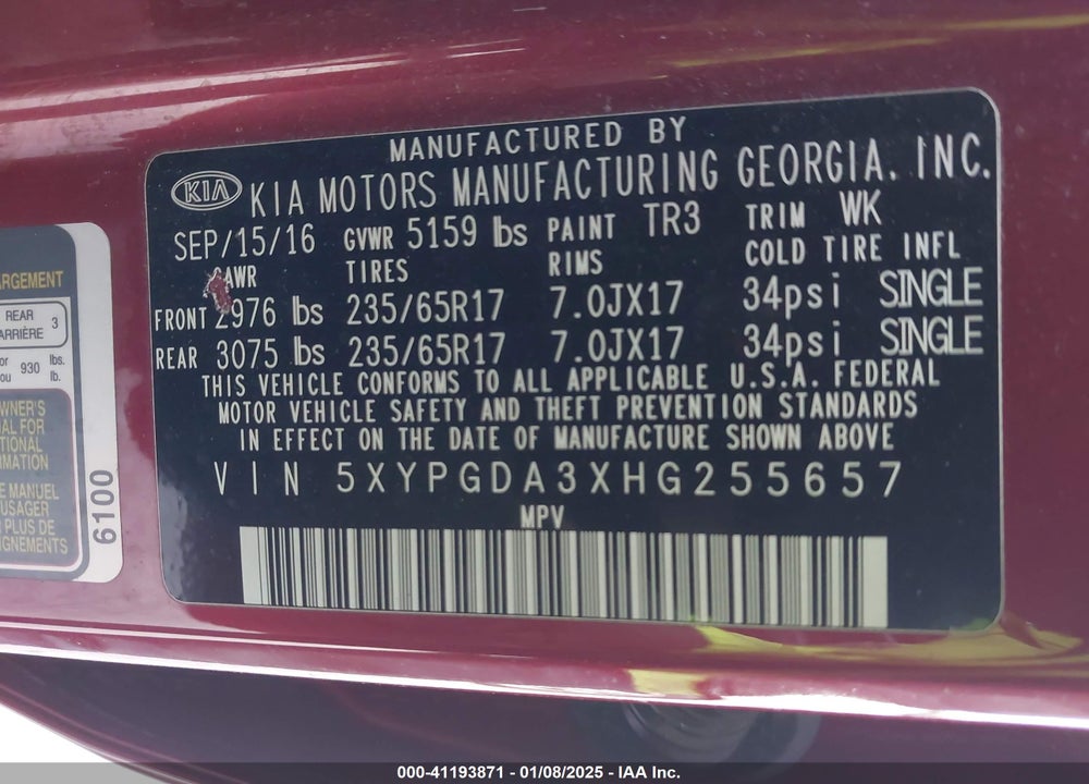 2017 KIA SORENTO 2.4L LX VIN: 5XYPGDA3XHG255657