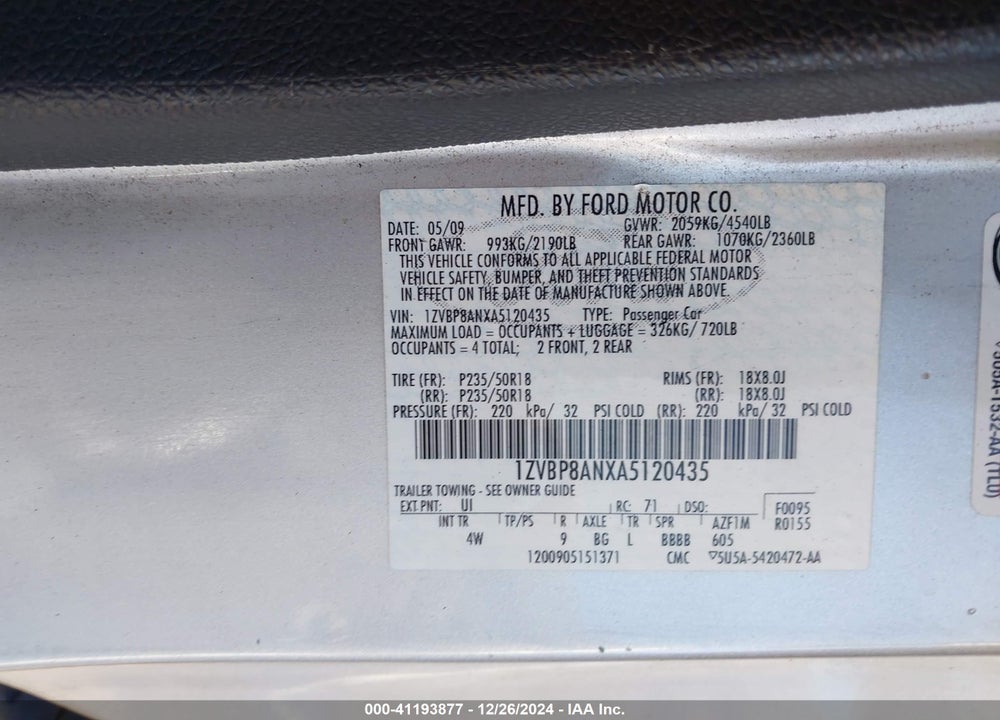 2010 FORD MUSTANG VIN: 1ZVBP8ANXA5120435