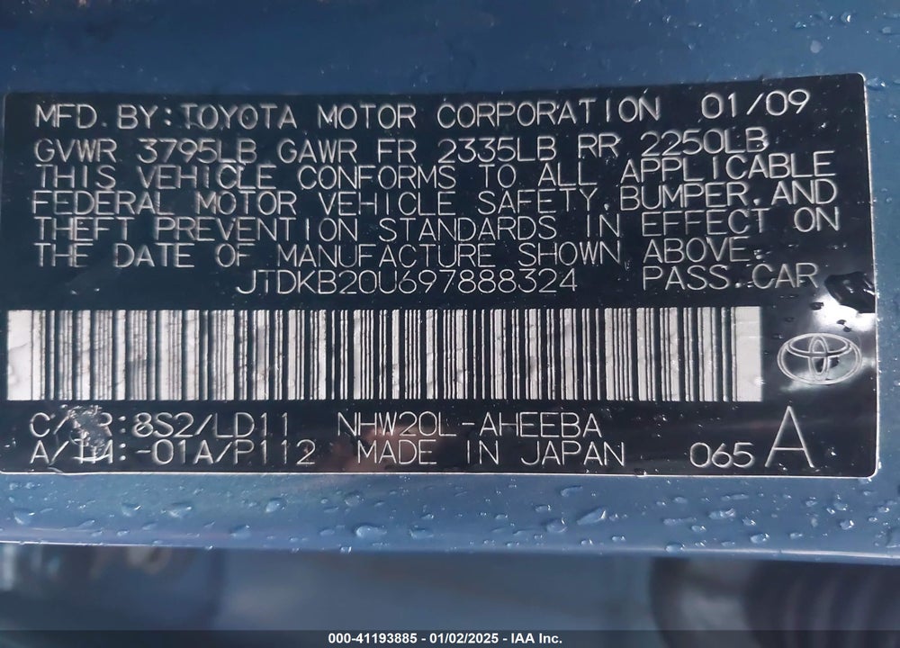 2009 TOYOTA PRIUS TOURING VIN: JTDKB20U697888324