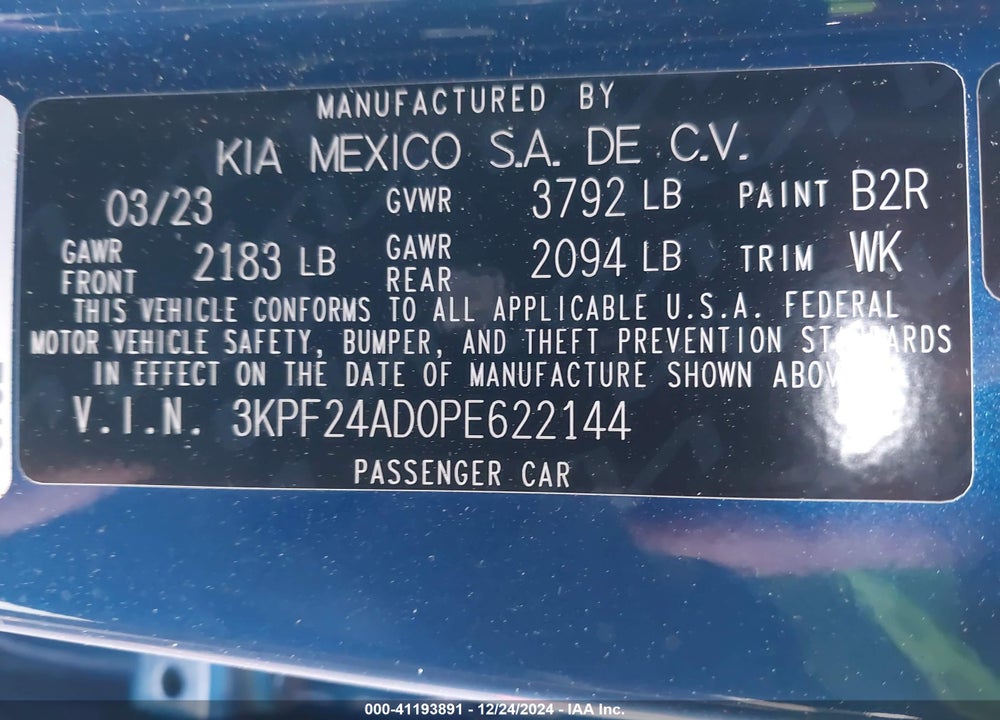 2023 KIA FORTE LXS VIN: 3KPF24AD0PE622144