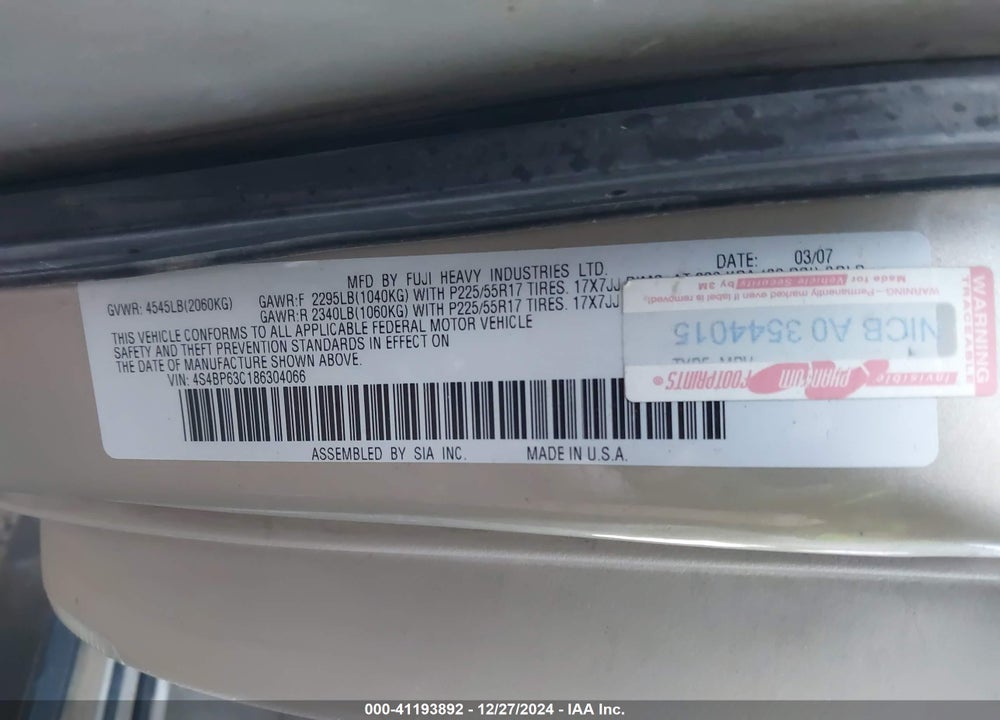 2008 SUBARU OUTBACK VIN: 4S4BP63C186304066