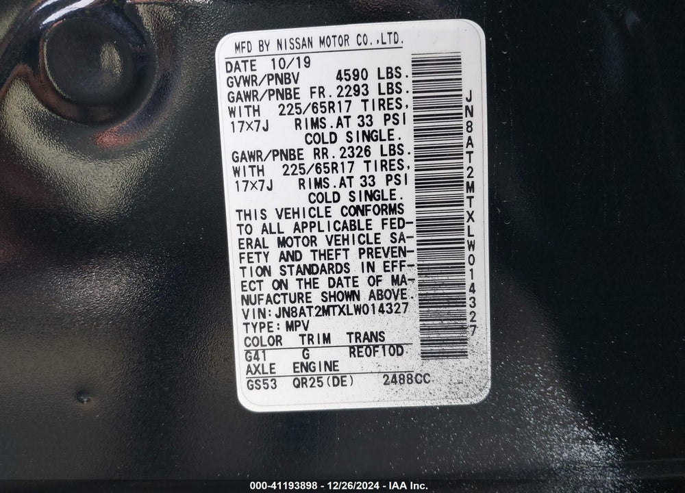 2020 NISSAN ROGUE SV FWD VIN: JN8AT2MTXLW014327