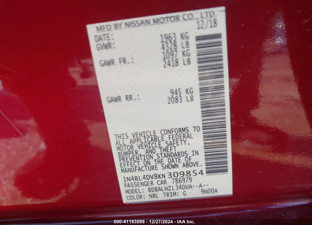 2019 NISSAN ALTIMA VIN: 1N4BL4DV8KN309854