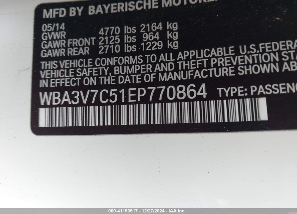 2014 BMW 428 VIN: WBA3V7C51EP770864