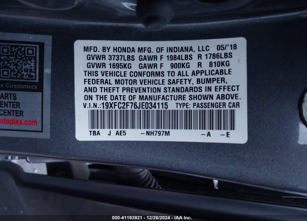 2018 HONDA CIVIC VIN: 19XFC2F76JE034115