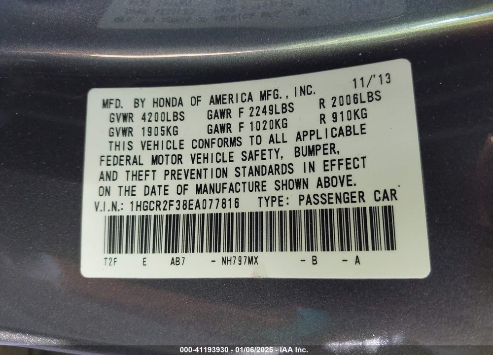2014 HONDA ACCORD LX VIN: 1HGCR2F38EA077816