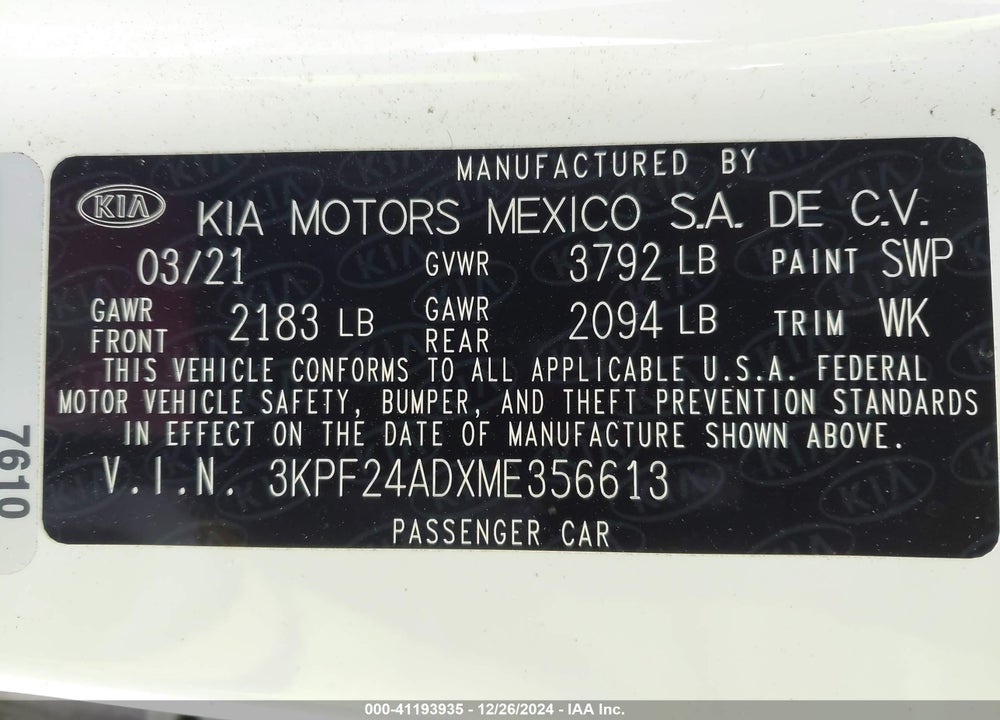 2021 KIA FORTE LXS VIN: 3KPF24ADXME356613